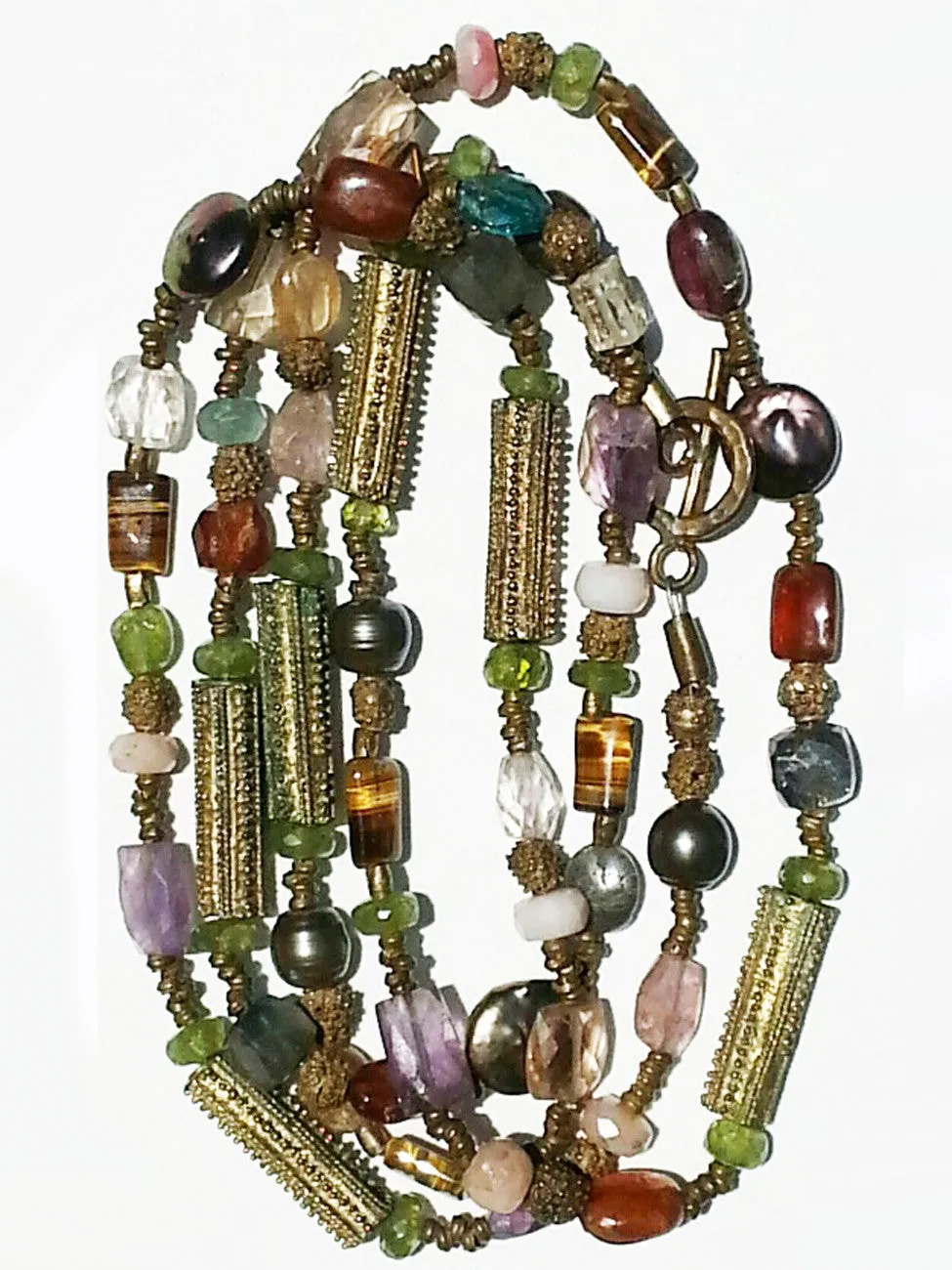 Necklace Citrine, Quartz and Vintage African Brass Double Length