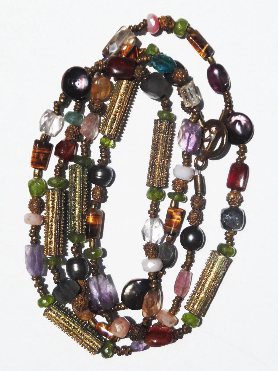 Necklace Citrine, Quartz and Vintage African Brass Double Length