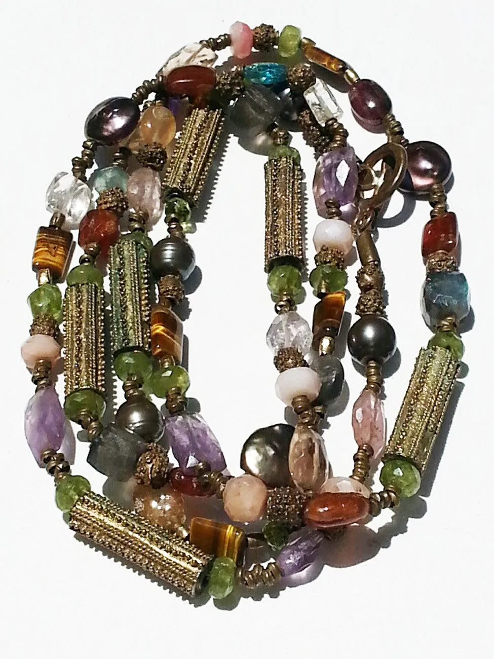 Necklace Citrine, Quartz and Vintage African Brass Double Length