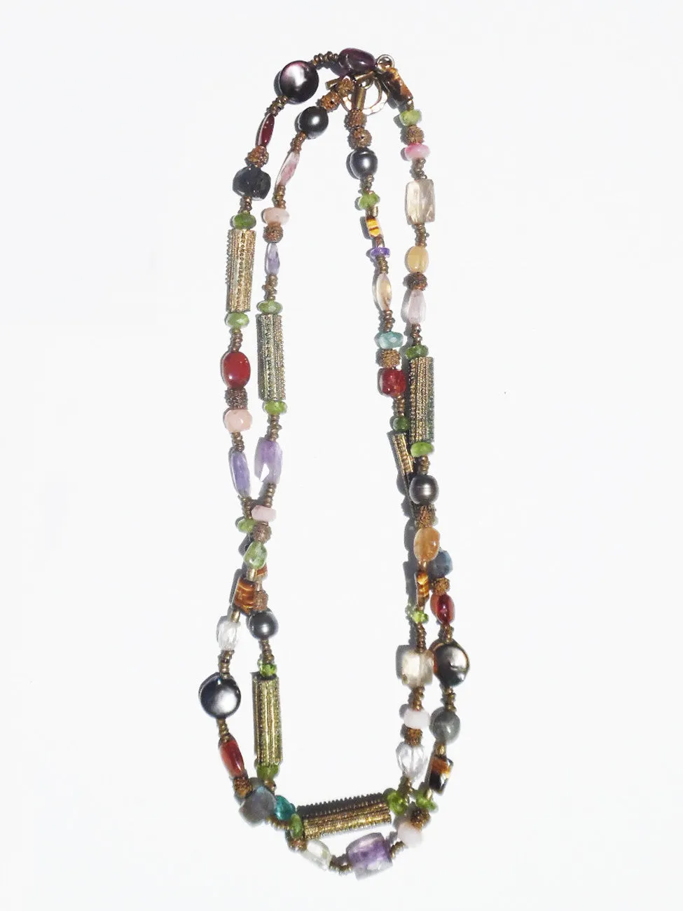 Necklace Citrine, Quartz and Vintage African Brass Double Length