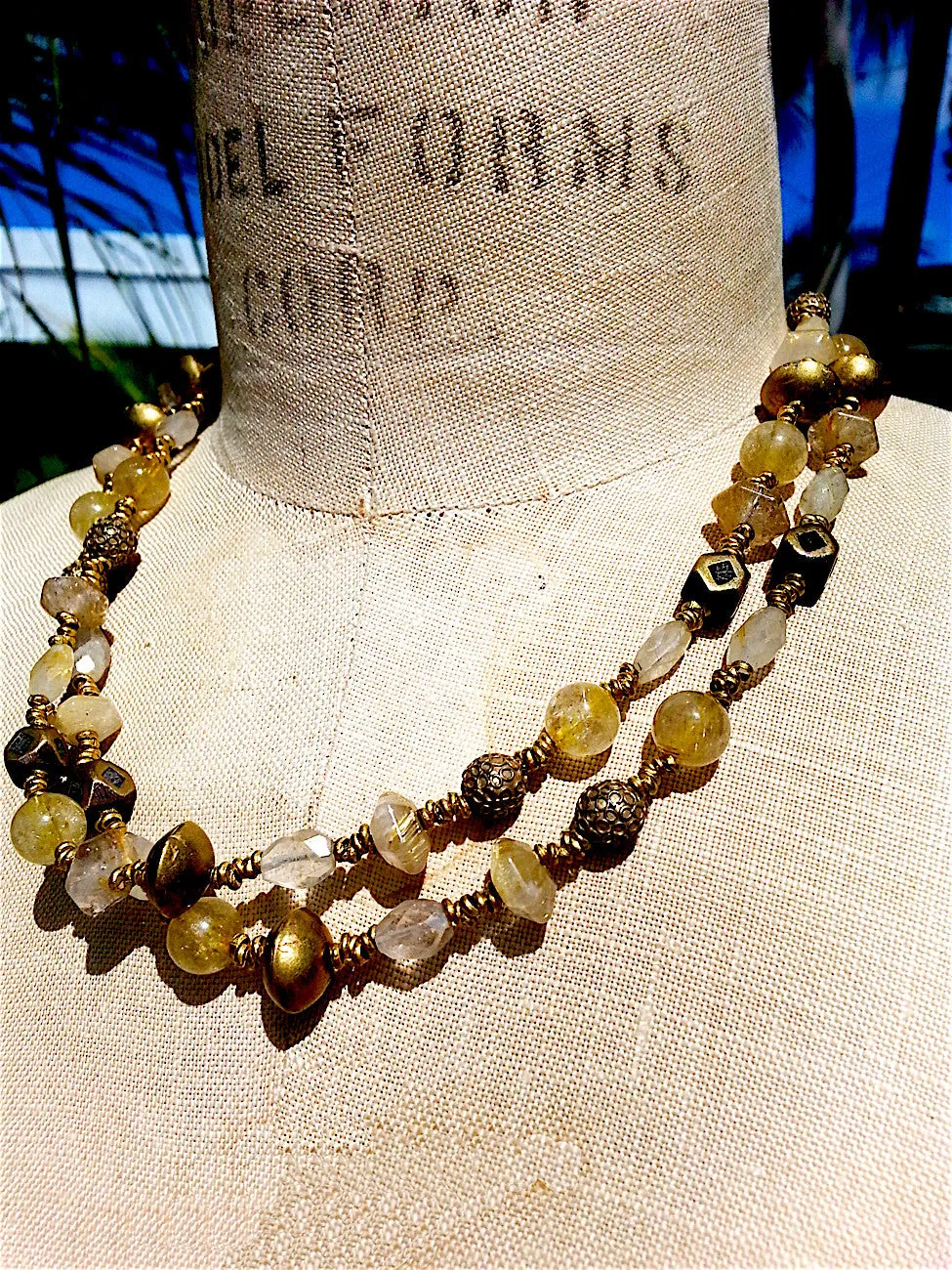 Necklace Citrine, Quartz and Vintage African Brass Double Length