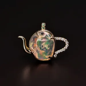 One of Kind Teapot Fire Opal & Diamond, Tsavorite Necklace 18K Yellow Gold
