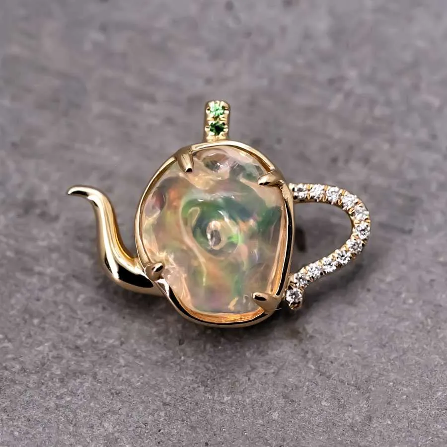 One of Kind Teapot Fire Opal & Diamond, Tsavorite Necklace 18K Yellow Gold