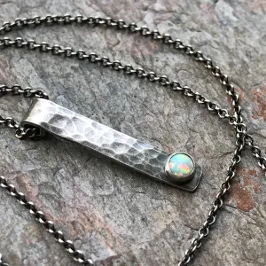 Opal and Sterling Silver Bar Necklace - Hammered Sterling Silver Bar and Simulated Opal Cabochon Pendant Necklace