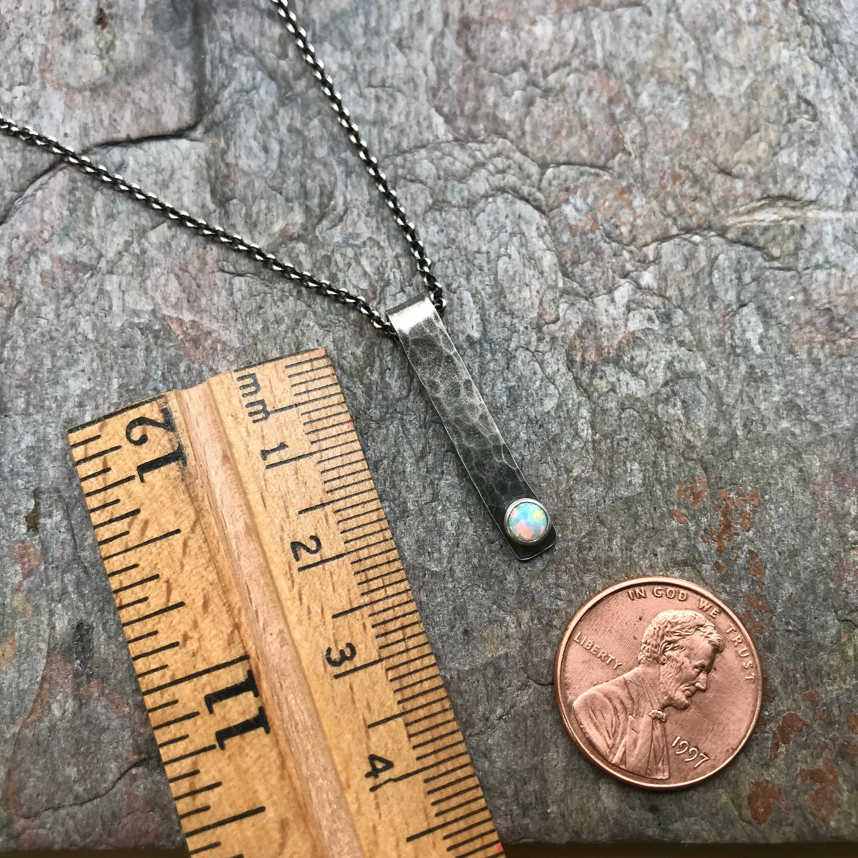 Opal and Sterling Silver Bar Necklace - Hammered Sterling Silver Bar and Simulated Opal Cabochon Pendant Necklace