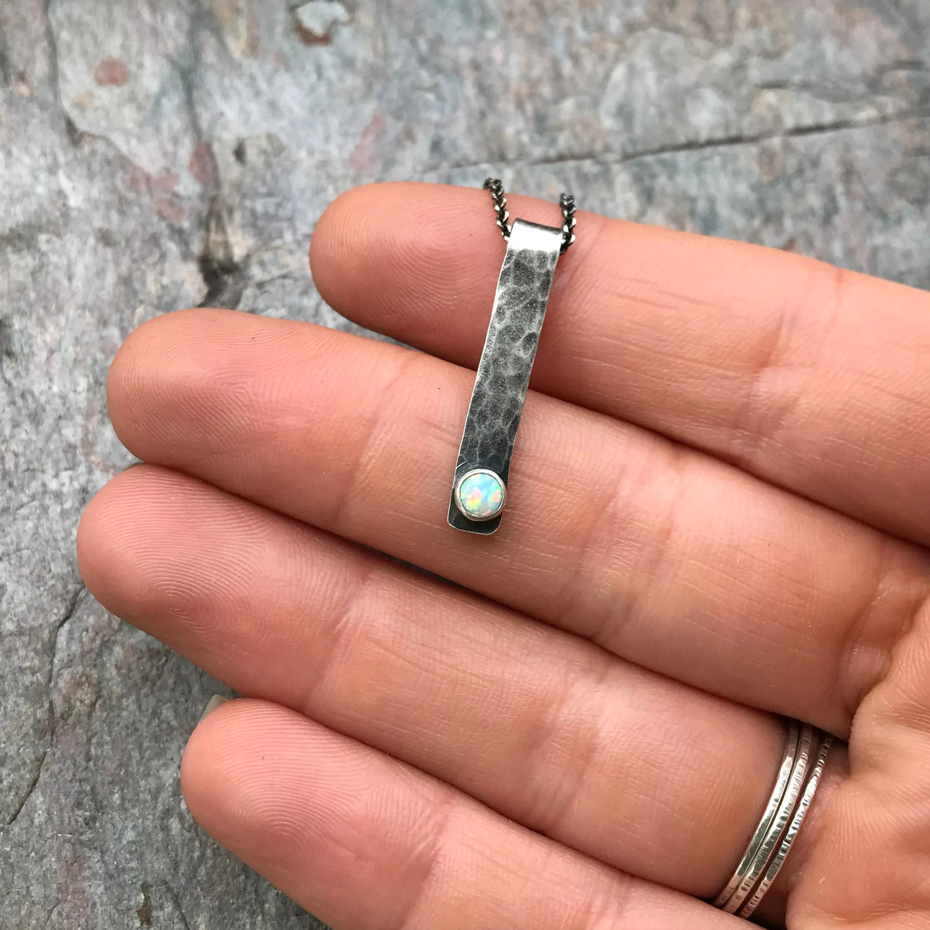 Opal and Sterling Silver Bar Necklace - Hammered Sterling Silver Bar and Simulated Opal Cabochon Pendant Necklace