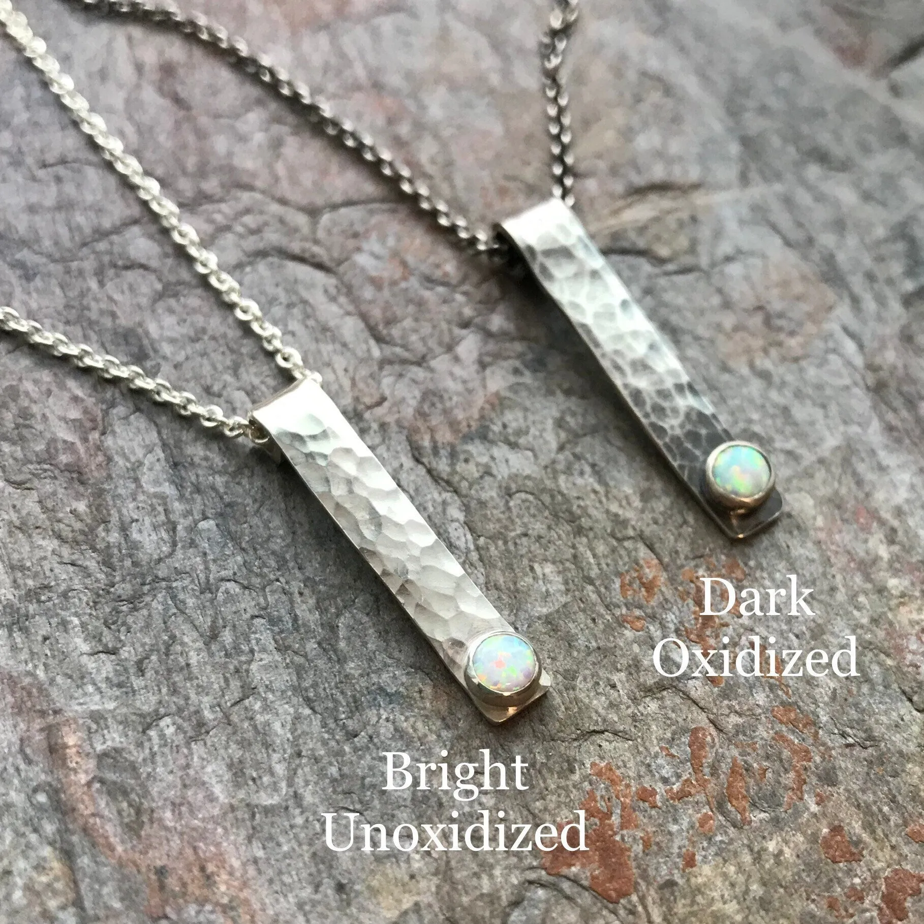 Opal and Sterling Silver Bar Necklace - Hammered Sterling Silver Bar and Simulated Opal Cabochon Pendant Necklace