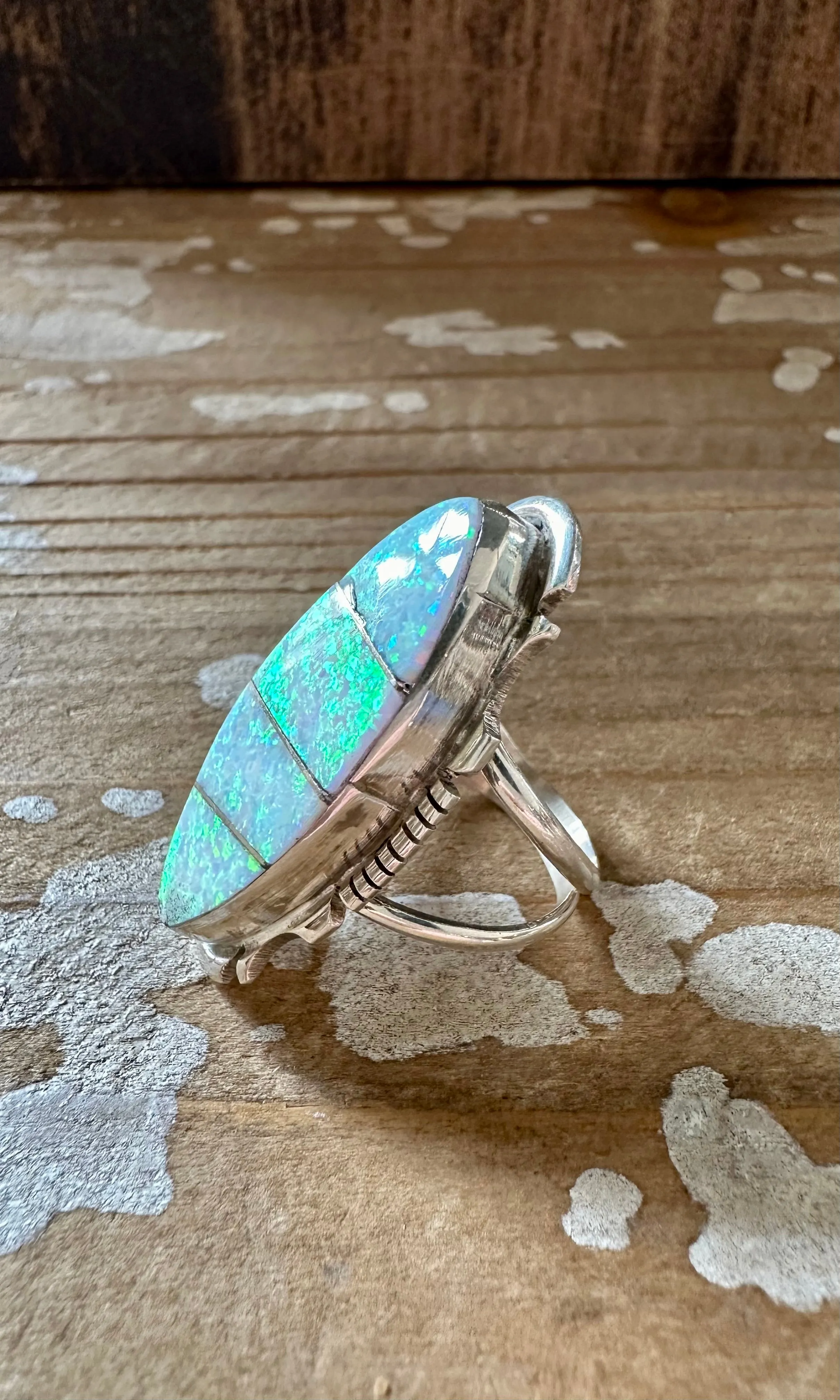 OPAL KINGDOM Sterling Silver and Iridescent Opal Ring • Size 7