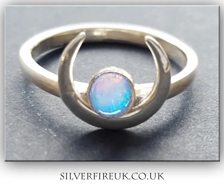 Opal Moon Ring, Handmade Solid Silver Moon Ring Real Opal