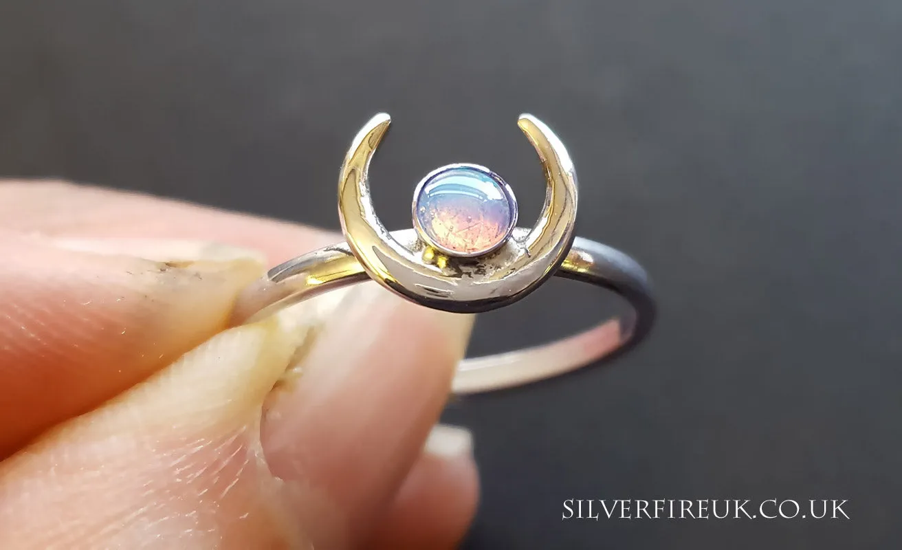 Opal Moon Ring, Handmade Solid Silver Moon Ring Real Opal