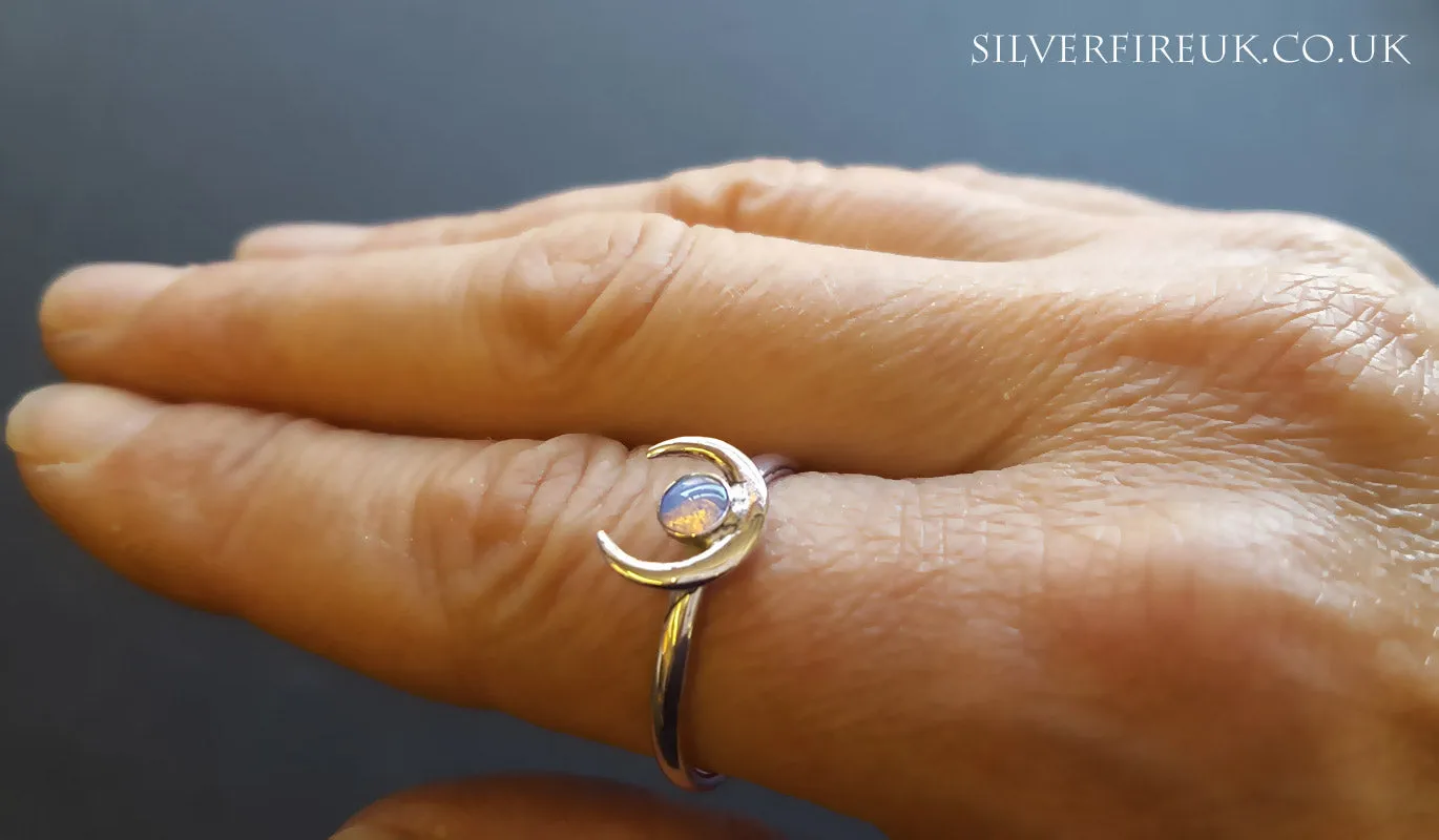 Opal Moon Ring, Handmade Solid Silver Moon Ring Real Opal