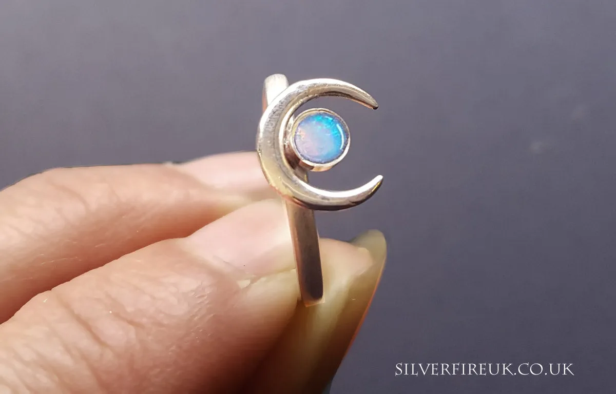 Opal Moon Ring, Handmade Solid Silver Moon Ring Real Opal