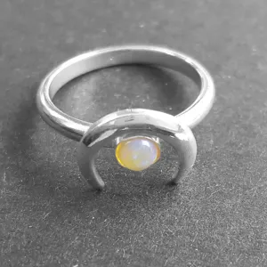 Opal Moon Ring, Handmade Solid Silver Moon Ring Real Opal