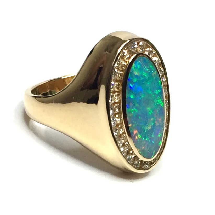 Opal Rings Oval Inlaid Design with .36ctw Round Diamonds Halo