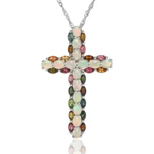 Oval cut Created Opal & Multi Gemstones Cross Pendant Necklace