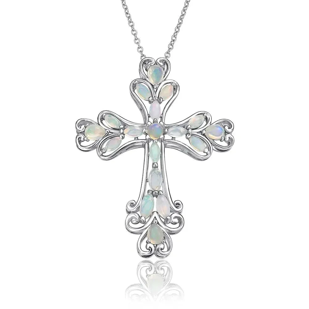 Oval cut Created Opal & Multi Gemstones Cross Pendant Necklace