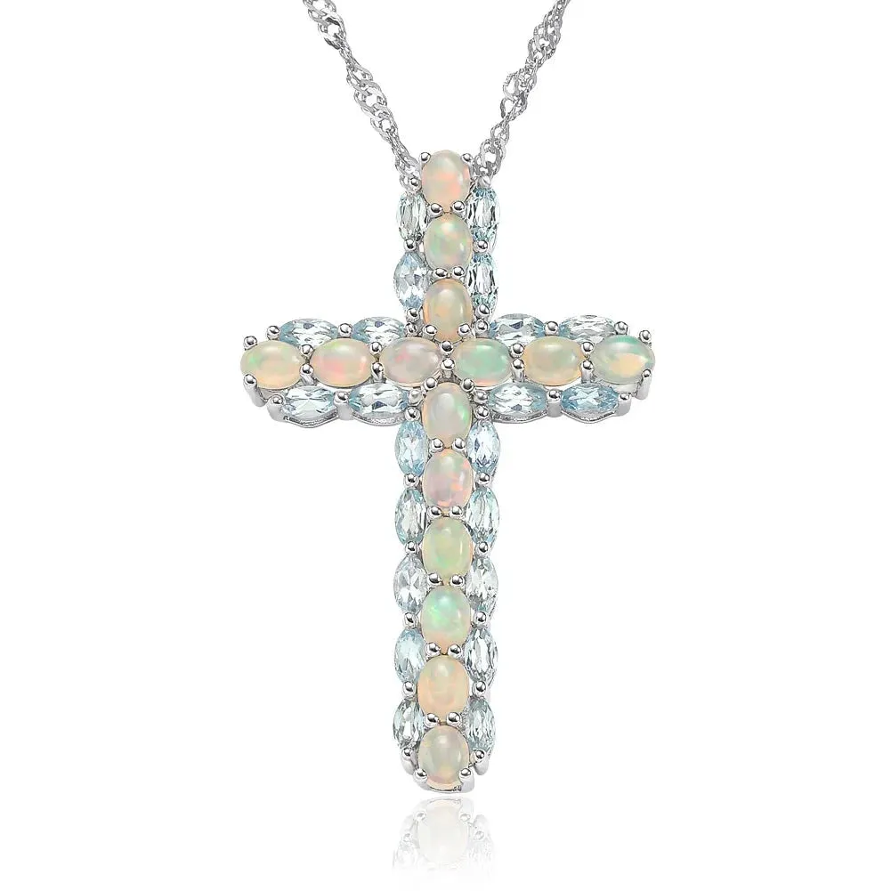 Oval cut Created Opal & Multi Gemstones Cross Pendant Necklace