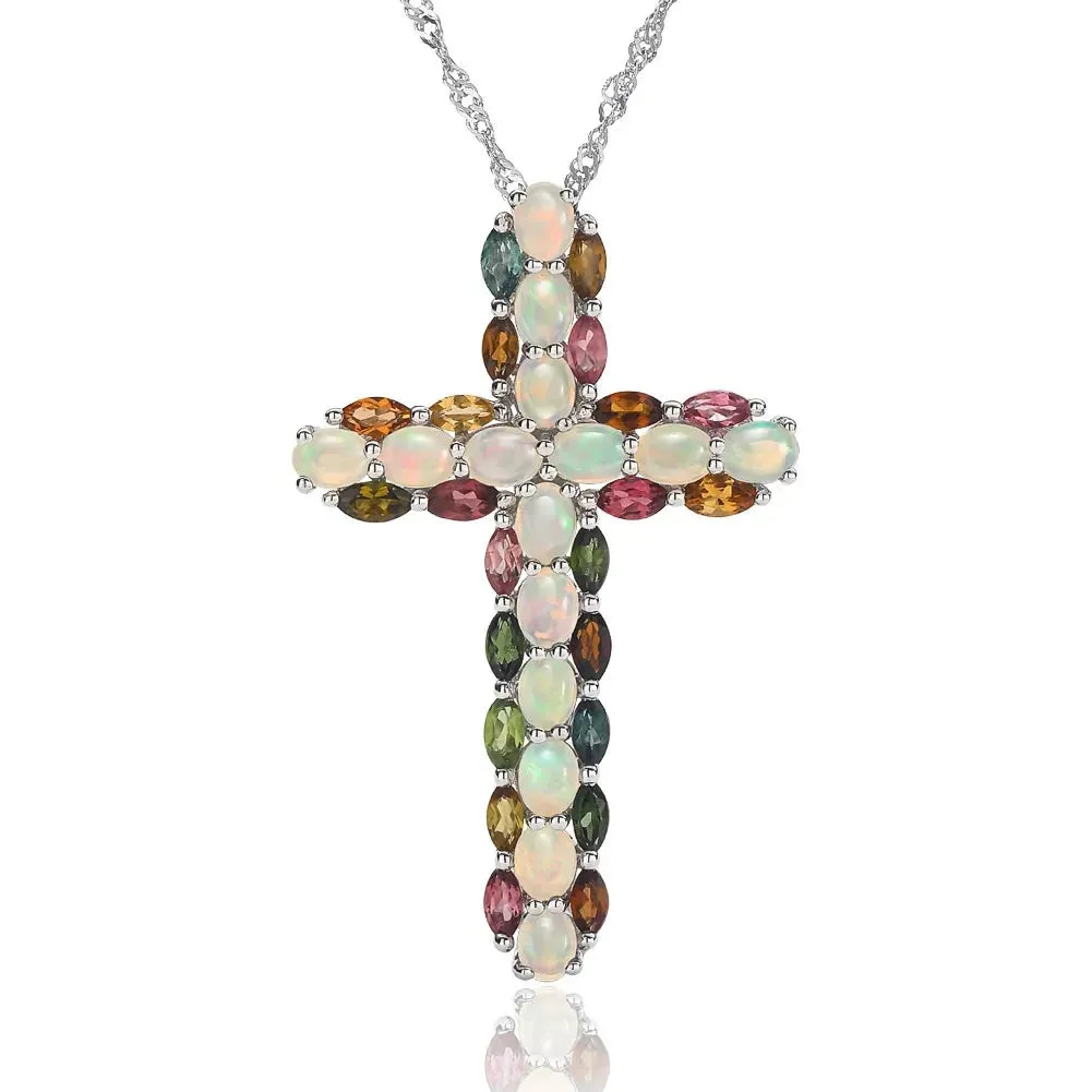 Oval cut Created Opal & Multi Gemstones Cross Pendant Necklace