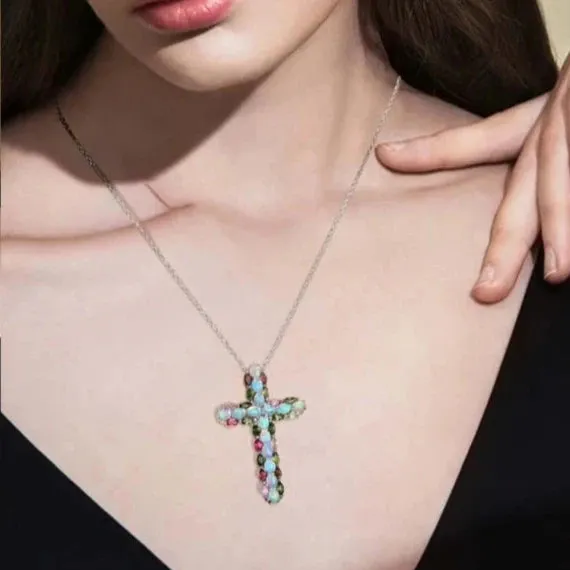 Oval cut Created Opal & Multi Gemstones Cross Pendant Necklace