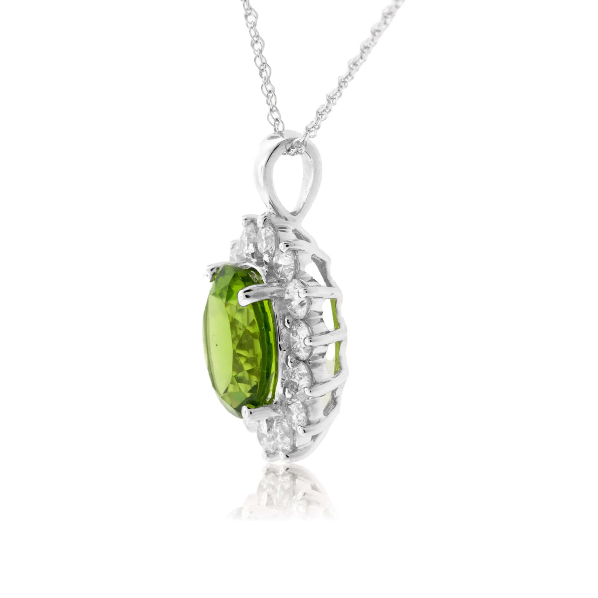 Oval Peridot & Classic Diamond Halo Pendant