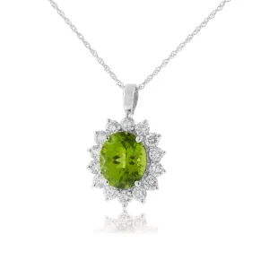 Oval Peridot & Classic Diamond Halo Pendant