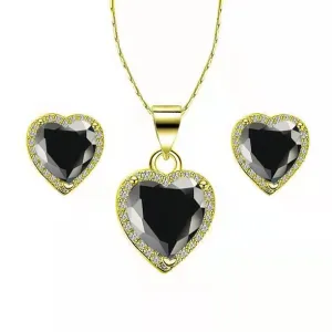 Paris Jewelry 14k Yellow Gold Heart 2 Ct Created Black Sapphire CZ Full Set Necklace 18 inch Plated