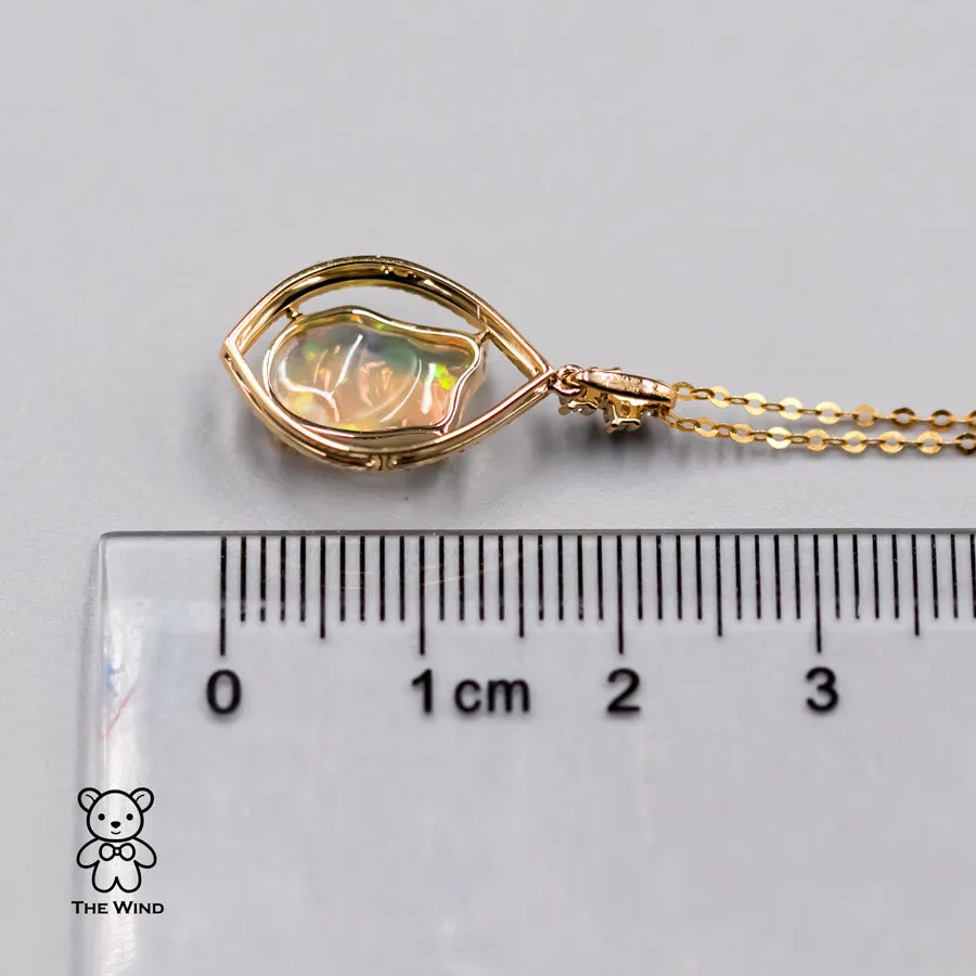 Pear Shaped Pendant Mexican Fire Opal Diamond Necklace 18K Yellow Gold