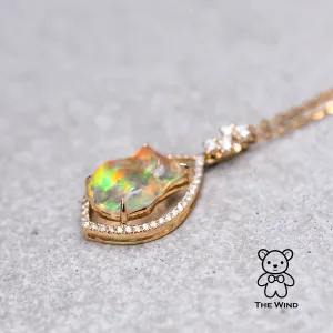 Pear Shaped Pendant Mexican Fire Opal Diamond Necklace 18K Yellow Gold