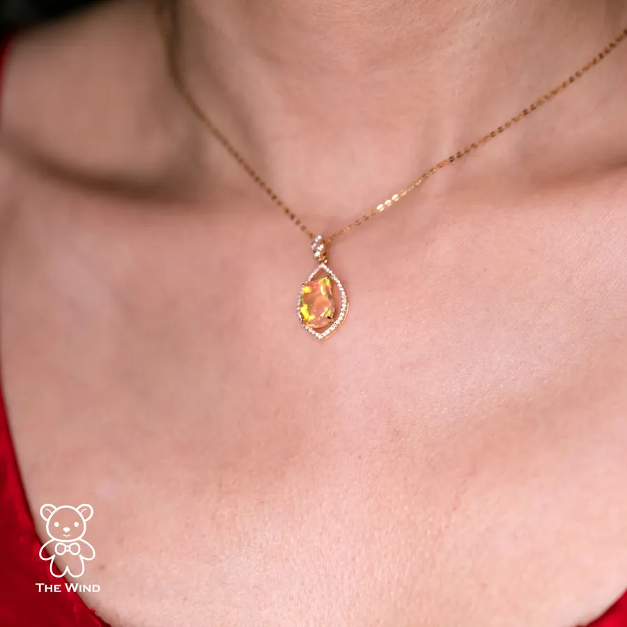 Pear Shaped Pendant Mexican Fire Opal Diamond Necklace 18K Yellow Gold