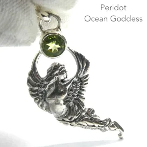 Peridot Pendant, Winged Mermaid with Faceted Gemstone, 925 Sterling Silver
