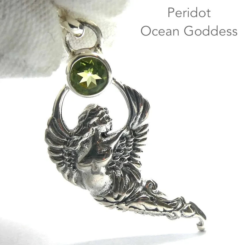 Peridot Pendant, Winged Mermaid with Faceted Gemstone, 925 Sterling Silver