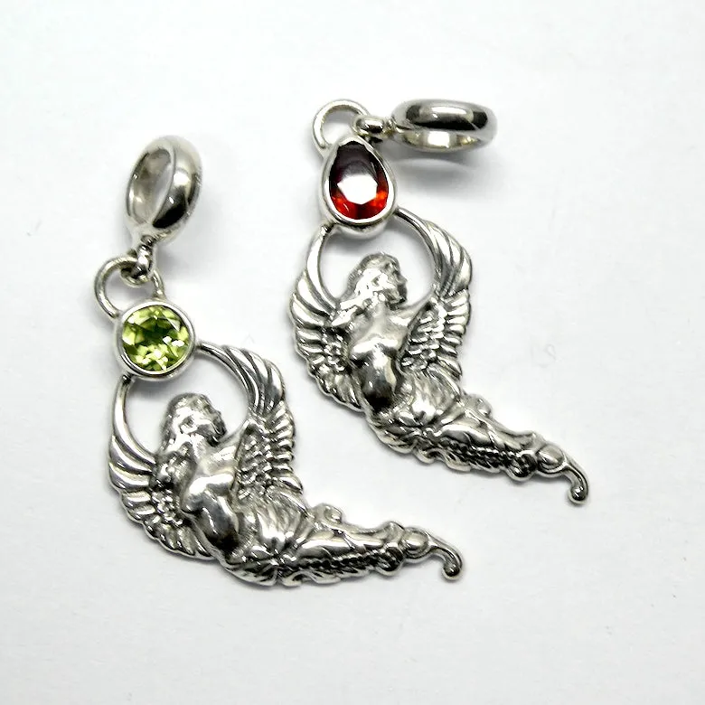 Peridot Pendant, Winged Mermaid with Faceted Gemstone, 925 Sterling Silver