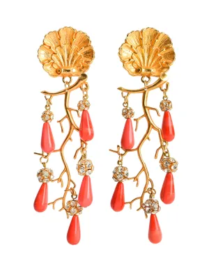 Philippe Ferrandis Vintage Gold Aquatic Shell Branch Coral Drop Rhinestone Oversized Statement Earrings