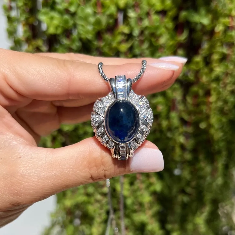 Platinum Cabochon Sapphire and Diamond Necklace at Regard Jewelry in Austin, Texas
