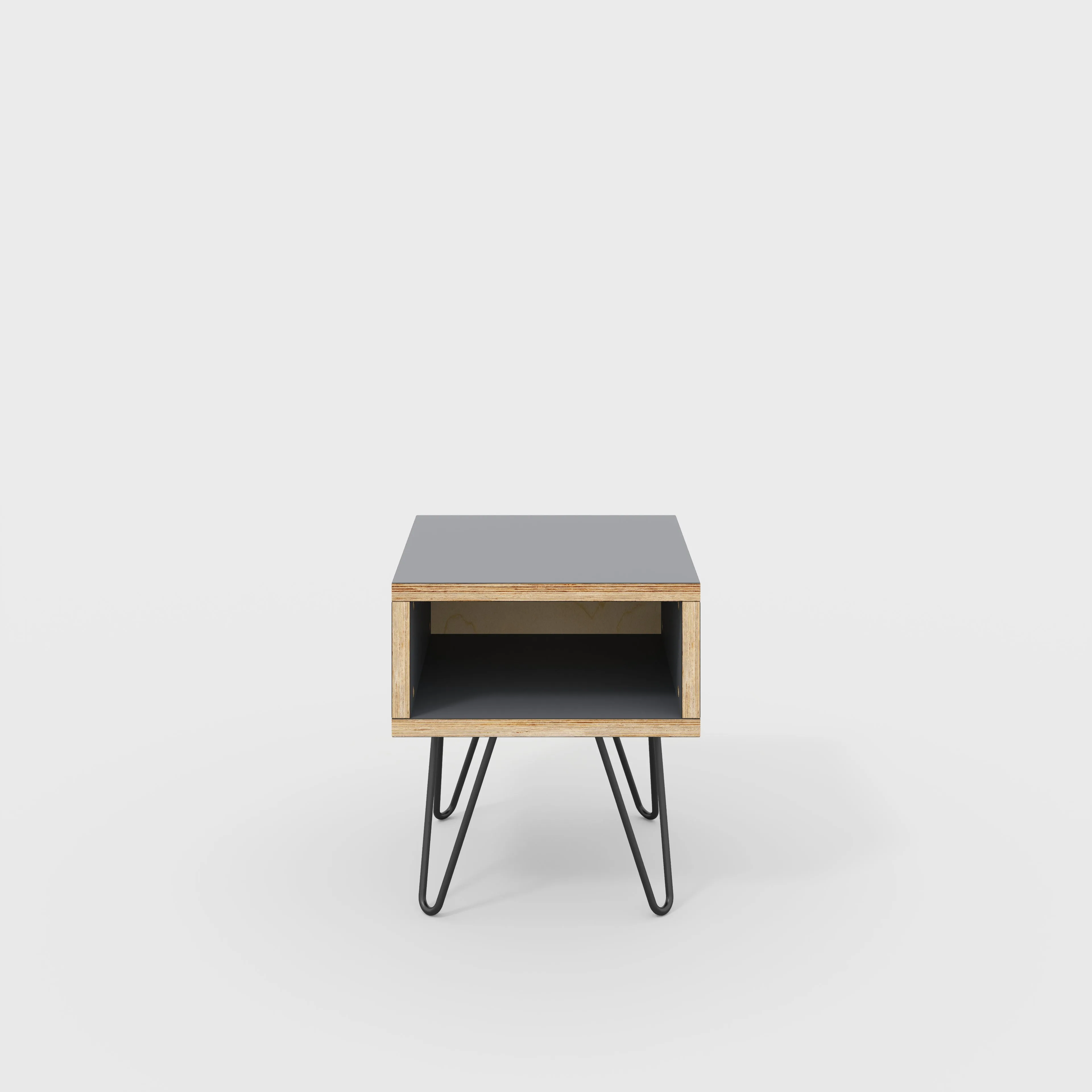 Plywood Bedside Table with Box Storage and Black Hairpin Legs - Formica Tornado Grey - 400(w) x 400(d) x 450(h)