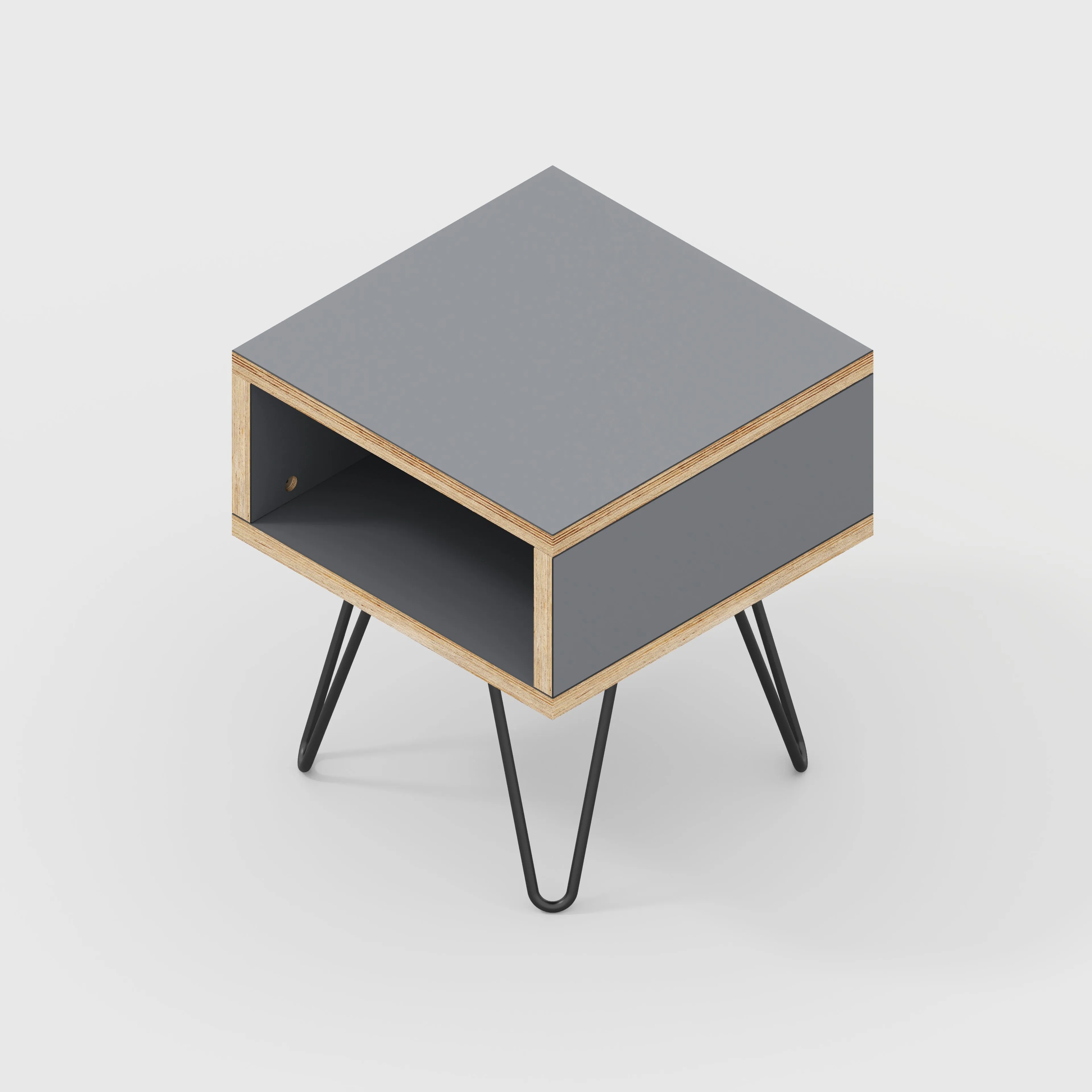 Plywood Bedside Table with Box Storage and Black Hairpin Legs - Formica Tornado Grey - 400(w) x 400(d) x 450(h)