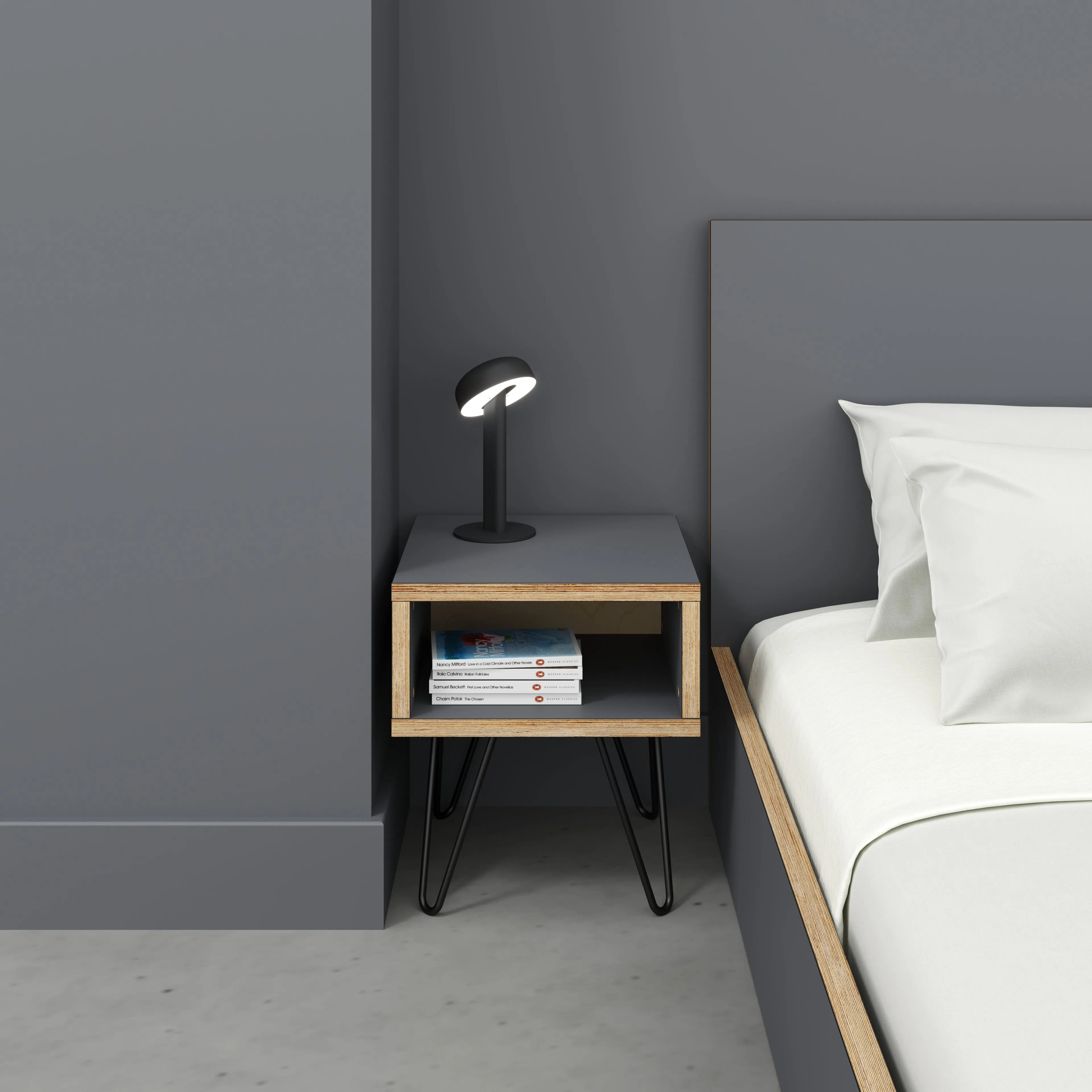 Plywood Bedside Table with Box Storage and Black Hairpin Legs - Formica Tornado Grey - 400(w) x 400(d) x 450(h)