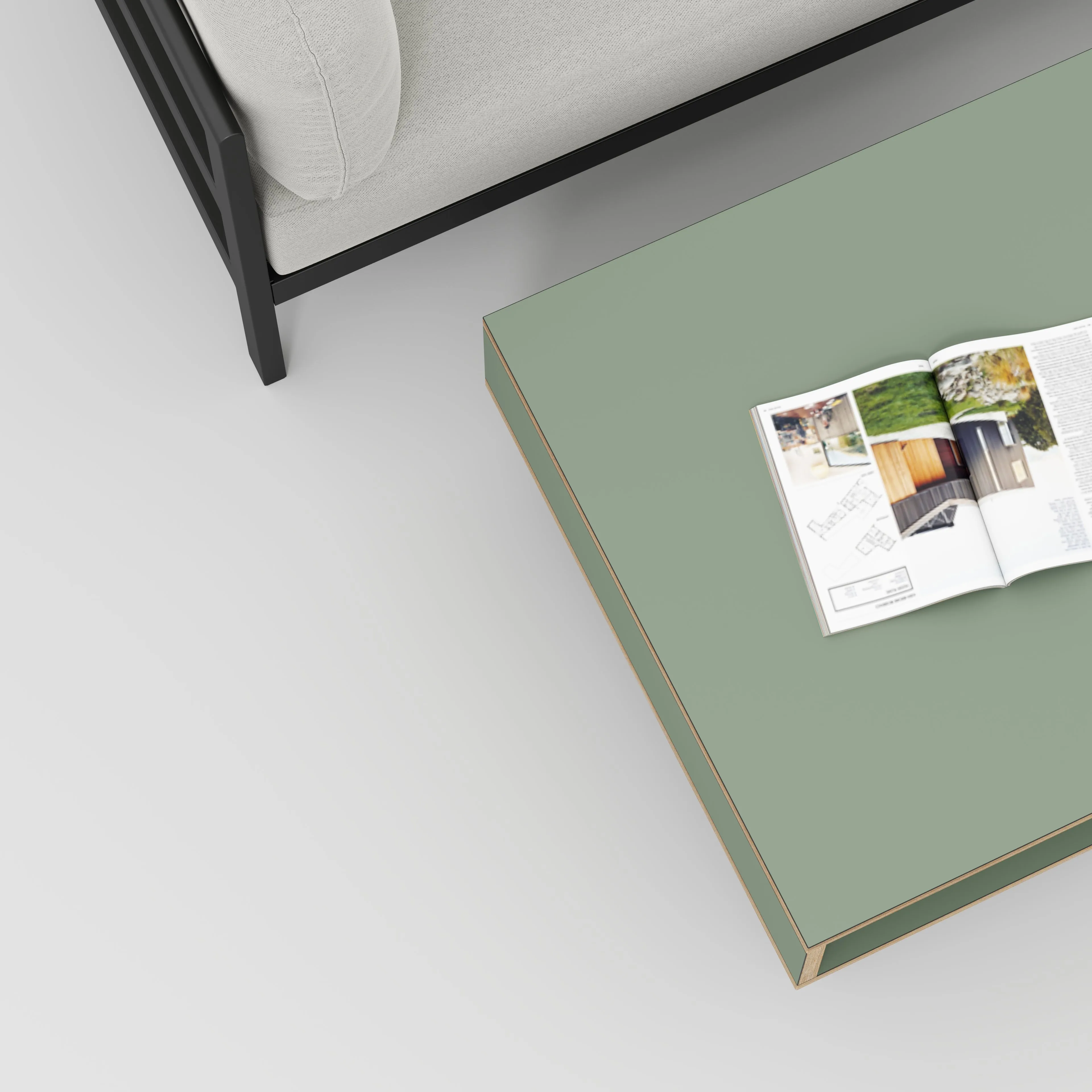 Plywood Coffee Table with Box Storage and Black Hairpin Legs - Formica Green Slate - 800(w) x 800(d) x 400(h)