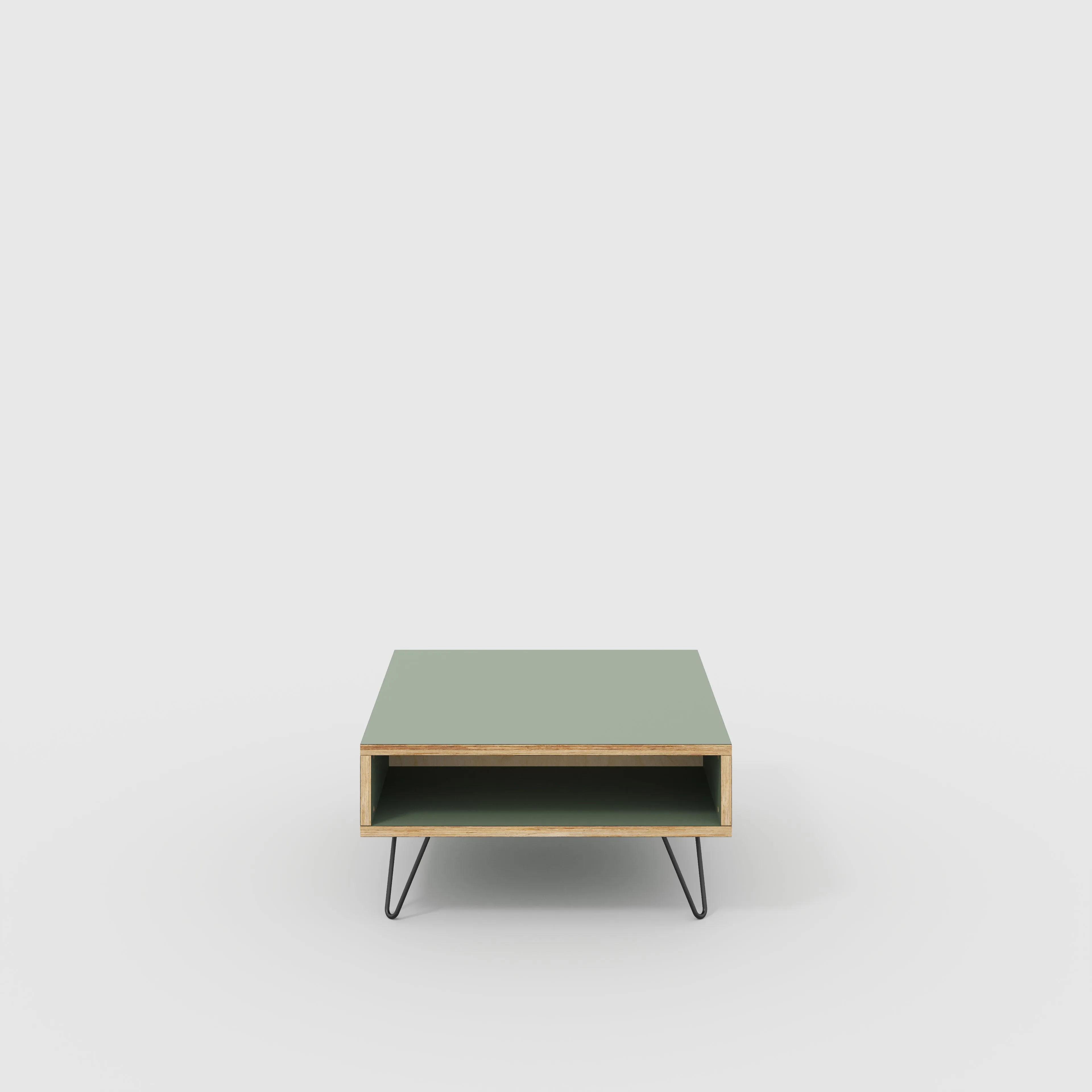 Plywood Coffee Table with Box Storage and Black Hairpin Legs - Formica Green Slate - 800(w) x 800(d) x 400(h)