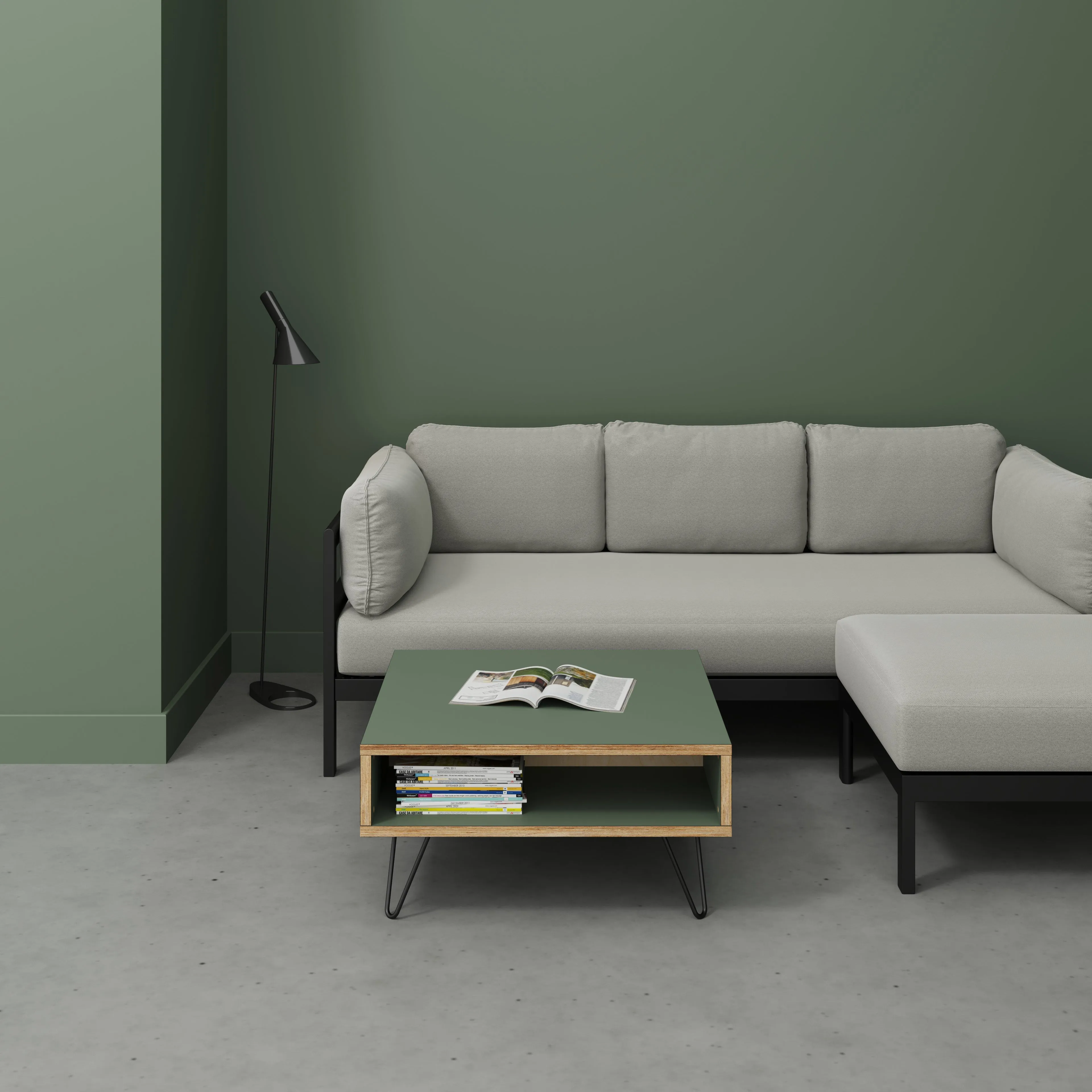 Plywood Coffee Table with Box Storage and Black Hairpin Legs - Formica Green Slate - 800(w) x 800(d) x 400(h)