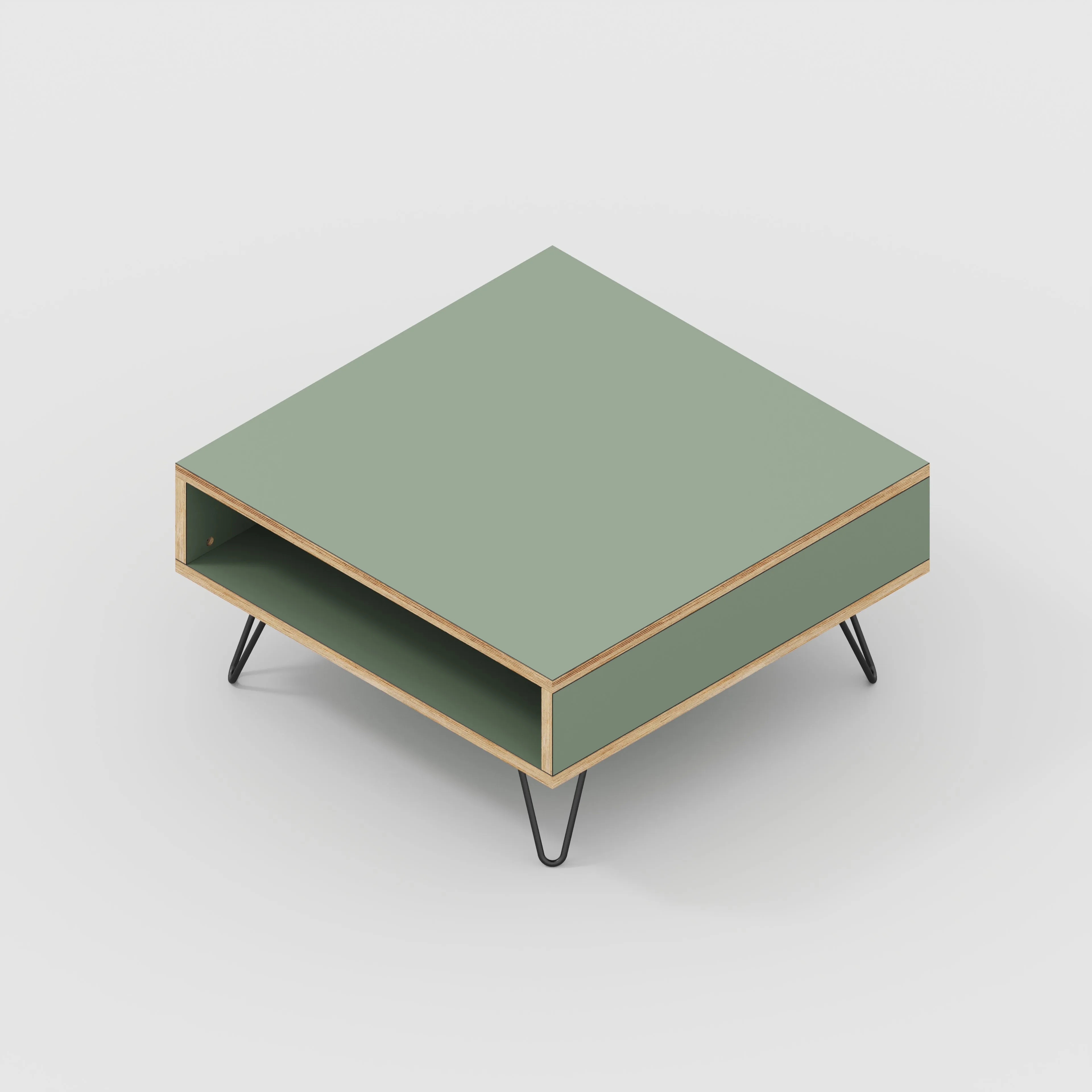 Plywood Coffee Table with Box Storage and Black Hairpin Legs - Formica Green Slate - 800(w) x 800(d) x 400(h)