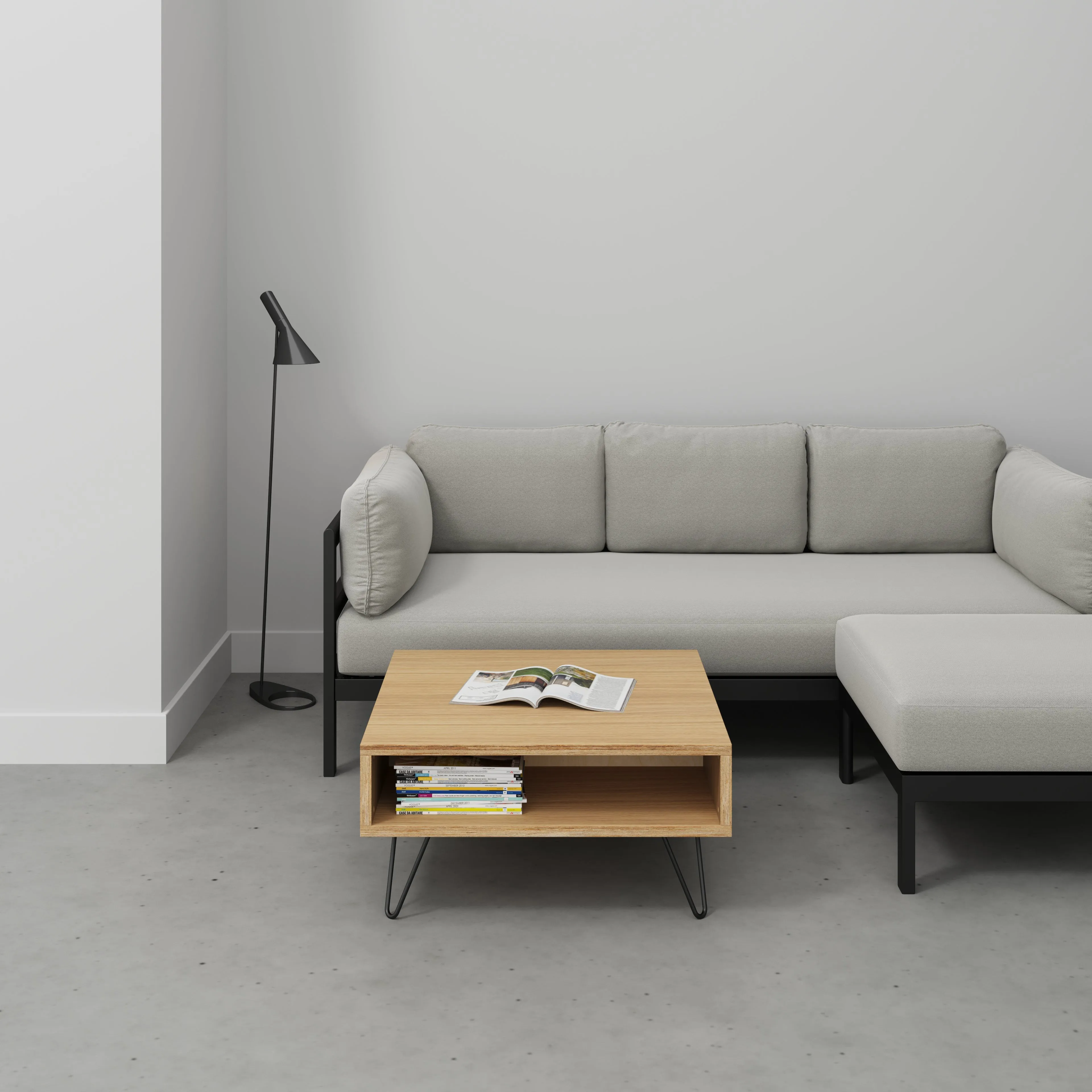 Plywood Coffee Table with Box Storage and Black Hairpin Legs - Plywood Oak - 800(w) x 800(d) x 400(h)