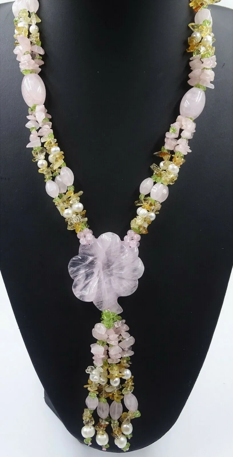Quartz, Rose Quartz, Citrine Gemstone & Faux Pearl Necklace