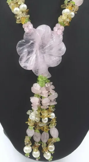Quartz, Rose Quartz, Citrine Gemstone & Faux Pearl Necklace