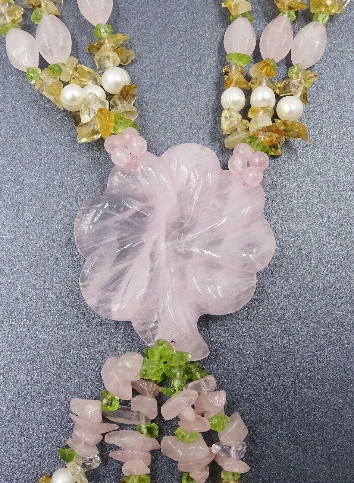 Quartz, Rose Quartz, Citrine Gemstone & Faux Pearl Necklace