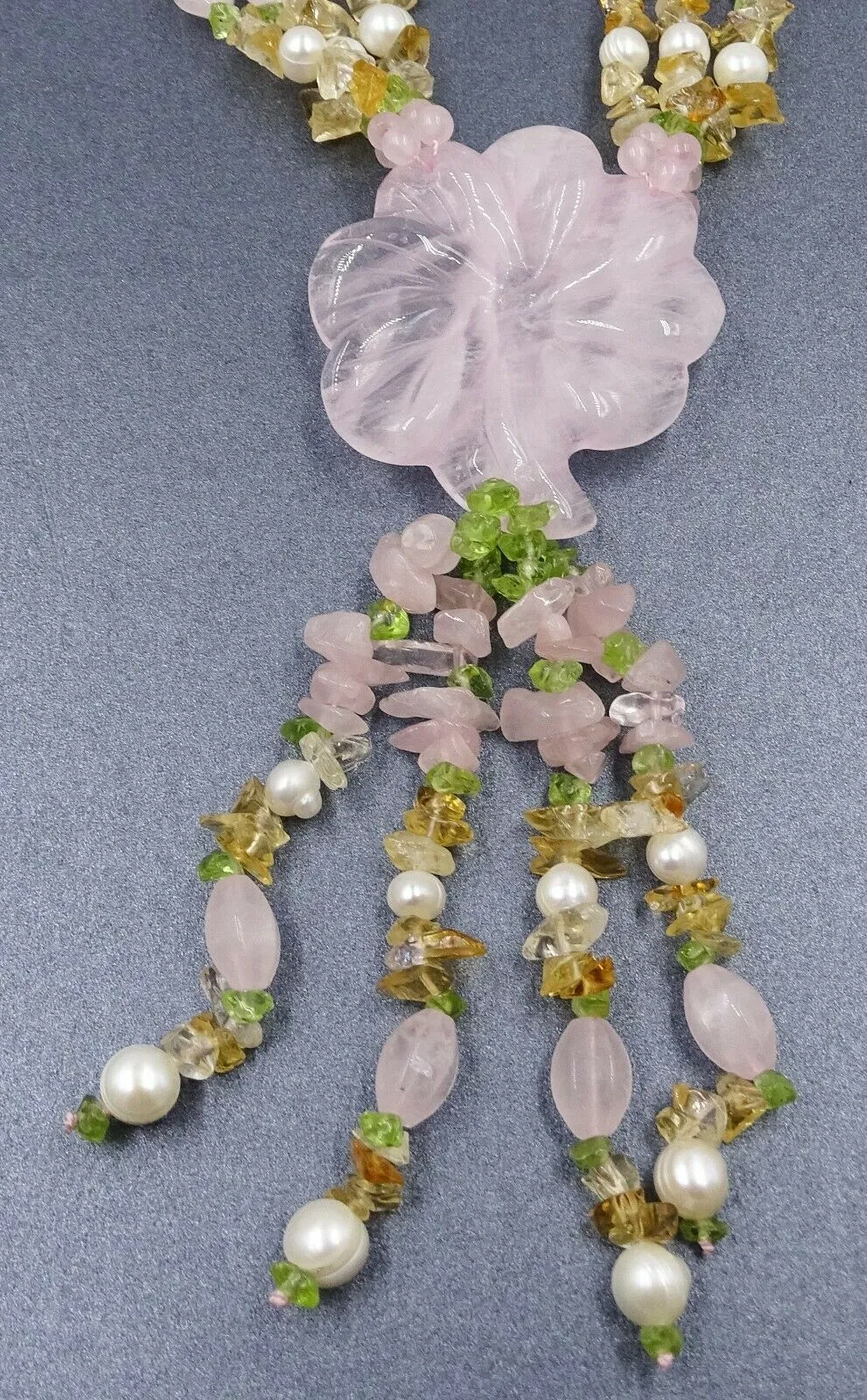 Quartz, Rose Quartz, Citrine Gemstone & Faux Pearl Necklace