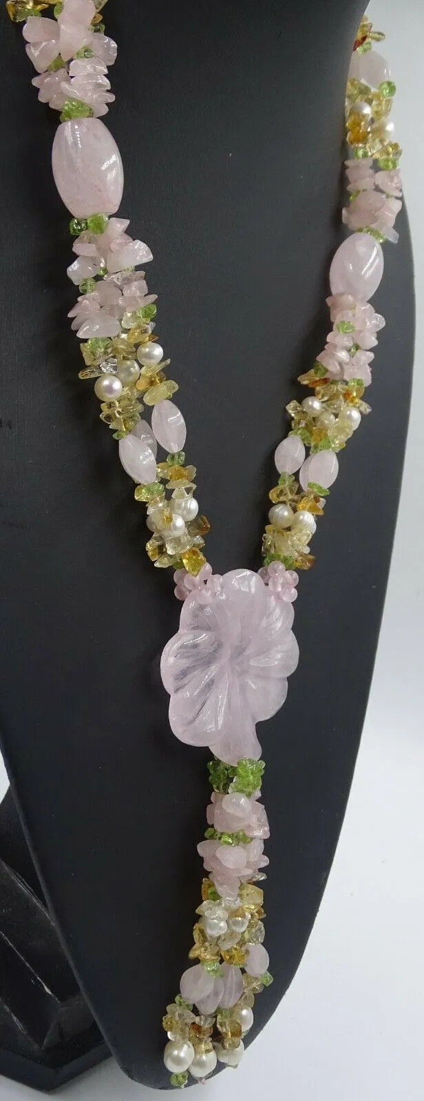 Quartz, Rose Quartz, Citrine Gemstone & Faux Pearl Necklace