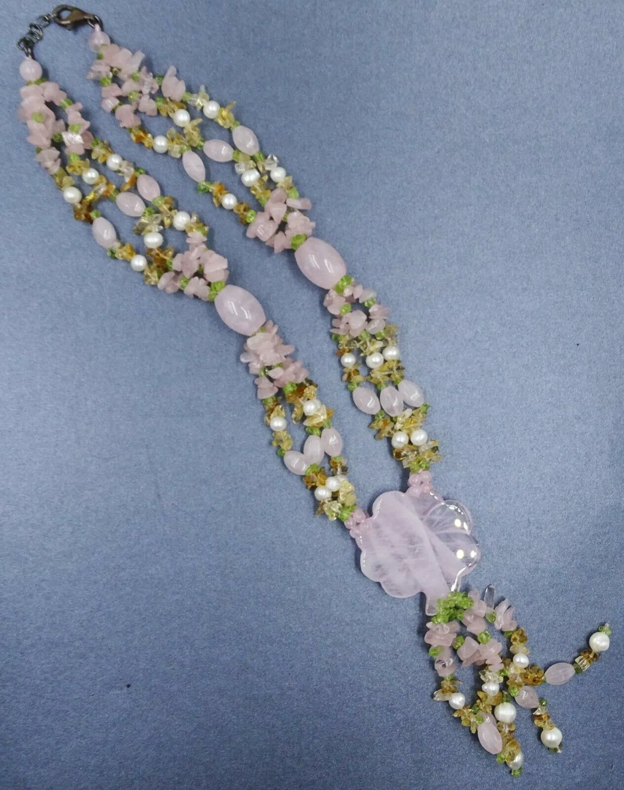 Quartz, Rose Quartz, Citrine Gemstone & Faux Pearl Necklace