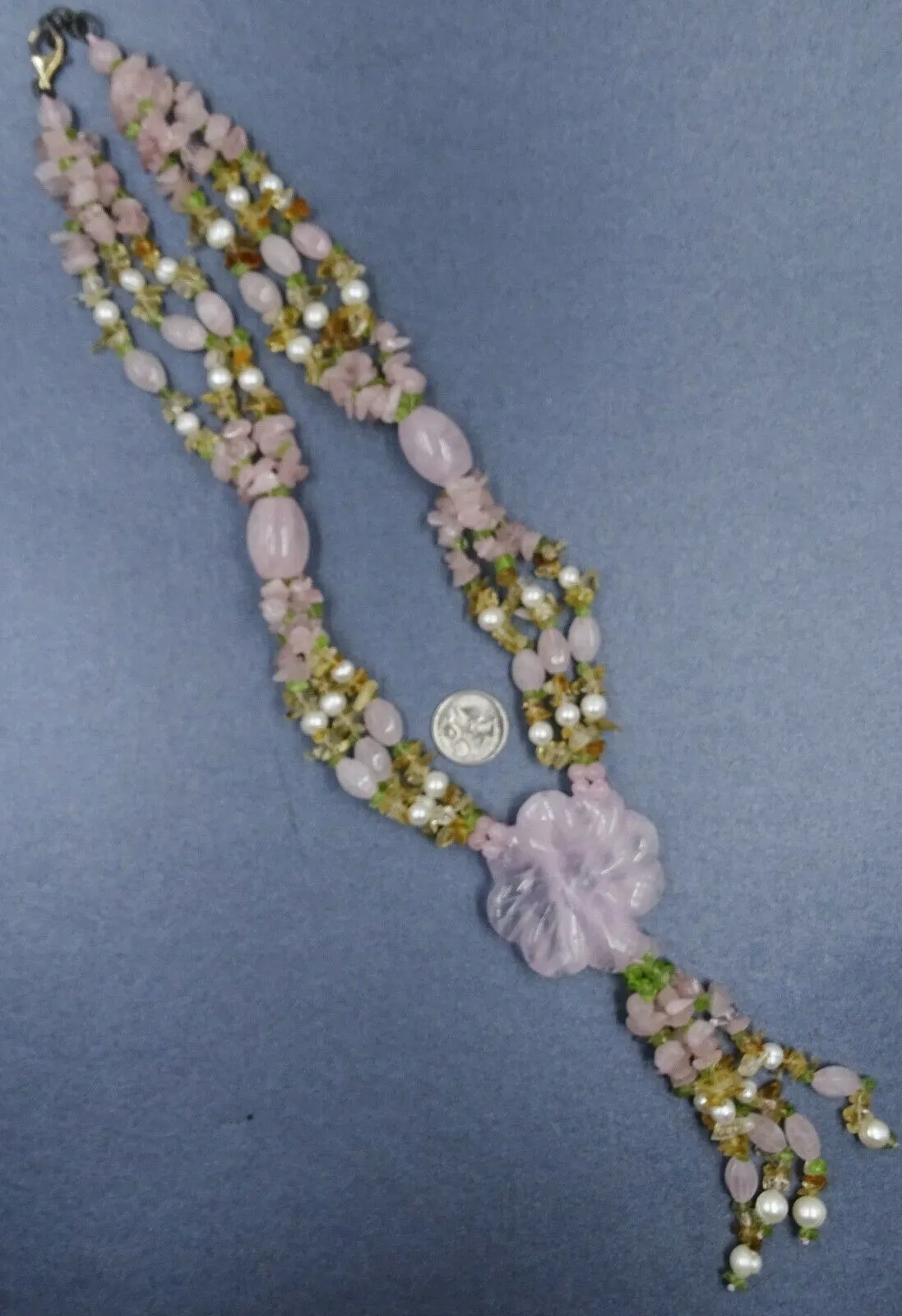 Quartz, Rose Quartz, Citrine Gemstone & Faux Pearl Necklace