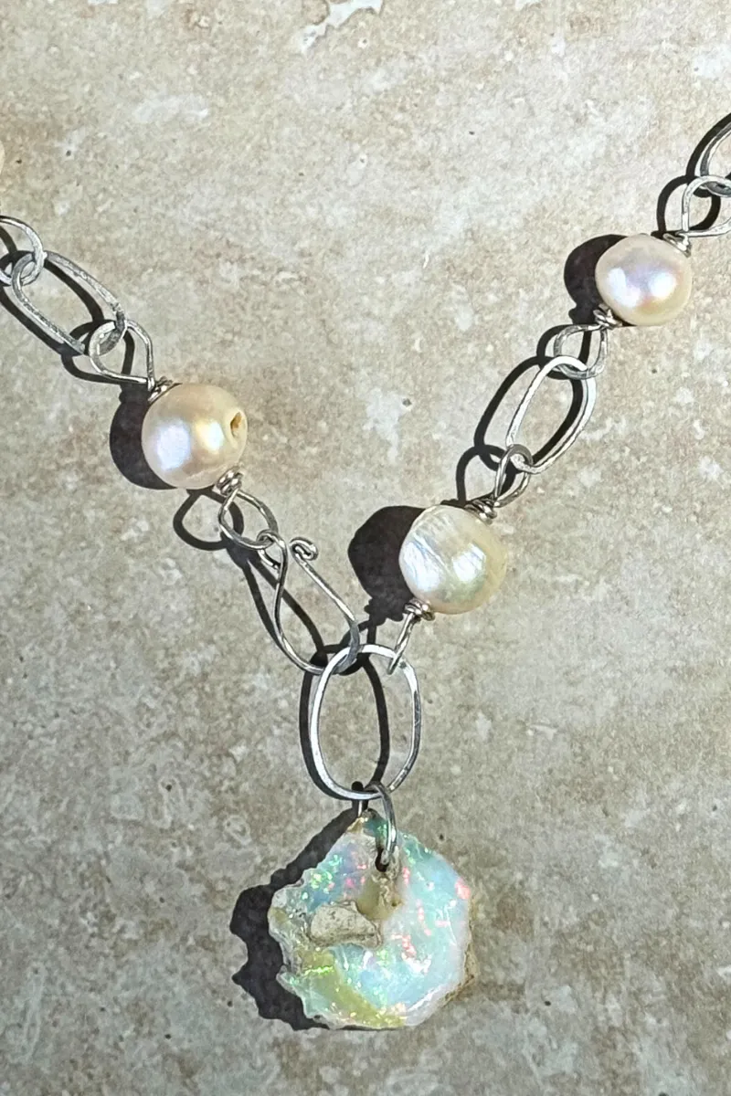 Raw Opal   Freshwater Pearl Necklace